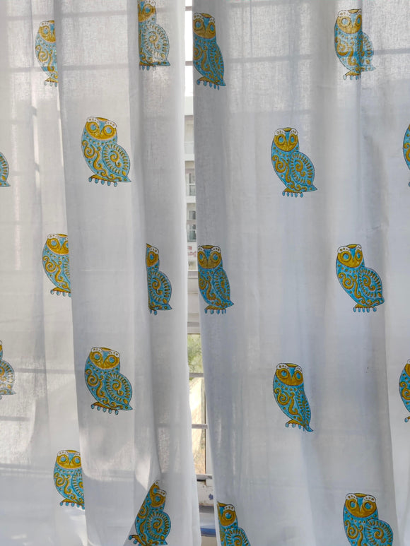 Hand Block Print OWL Cotton Curtain SINGLE